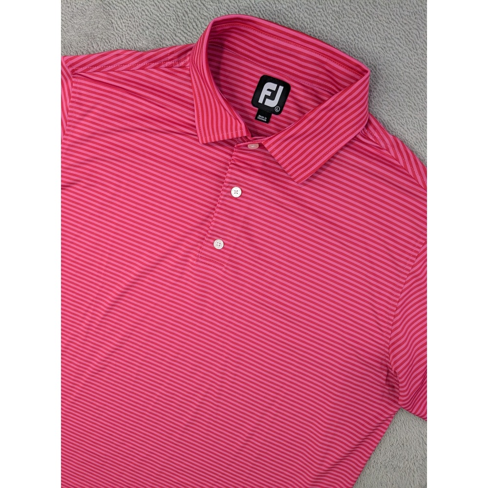 FootJoy Golf Polo Shirt Mens Large Pink Stripe Performance Athletic Short Sleeve